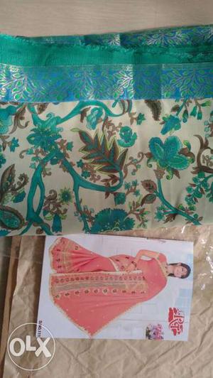 Women's Teal, White, And Brown Floral Sari Set