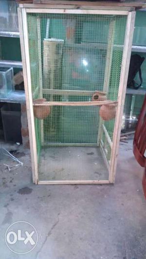 Brown Wooden With Green Plastic Net Pet Cage