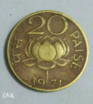 Round  Gold-colored 20 Indian Paise Coin