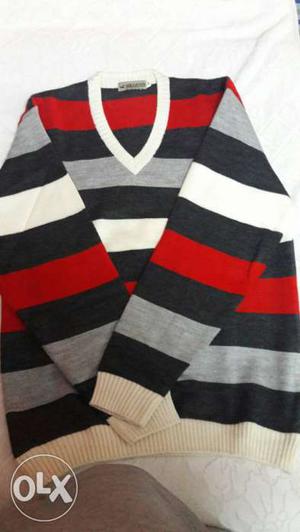 Black, Red, And White V-neck Striped Sweater