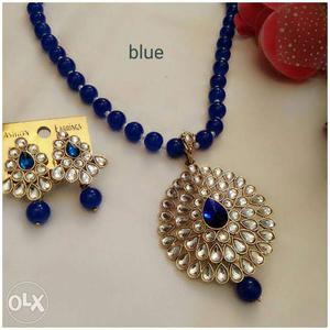 Blue Beaded Silver-colored Gemstone Pendant Necklace And