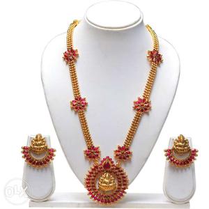 Gold-colored And Red Beaded Earring And Necklace