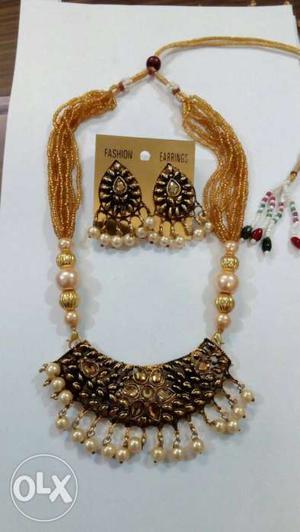 Gold-colored Charm Necklace And Pair Of Pendant Earrings