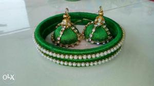 New -no one used pair Of Green Silk Thread Jhumka Earrings