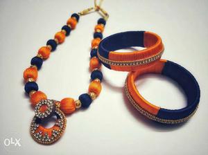 Orange And Black Threaded Bangle And Necklace