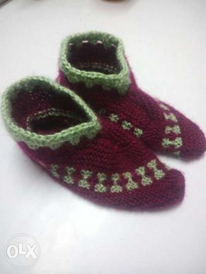 Pair Of Maroon-and-green Knitted Shoes