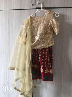 Phulkari lehnga skirt with golden sleeveless top