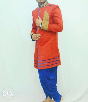 Red & blue dhoti sherwani