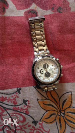 Round Silver Chronograph Watch With Silver Link Bracelet