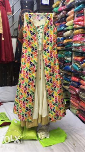 White long anarkali with multi color overcoat