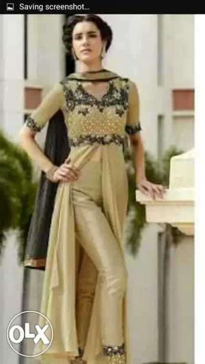 Women's Brown And Black Short-sleeved Dress With Pants