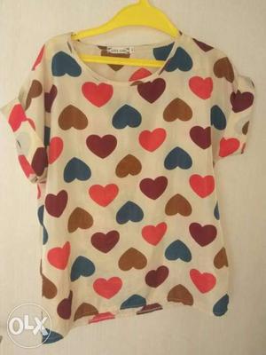 Women's Pink And White Heart Print Blouse