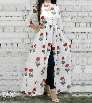 Women's White And Red Floral Crew-neck Long-sleeved Dress