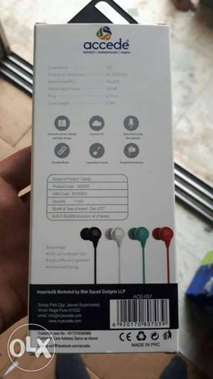 All Brand New Accede In Ear Earphone with 1 Year