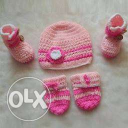 Baby's Pink Knitted Cap, Pair Of Gloves And Shoes