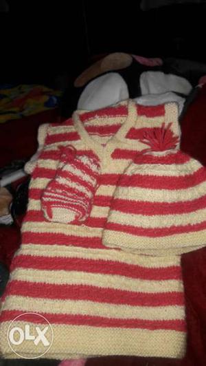 Baby's Red-and-white Striped Knit Layette Set