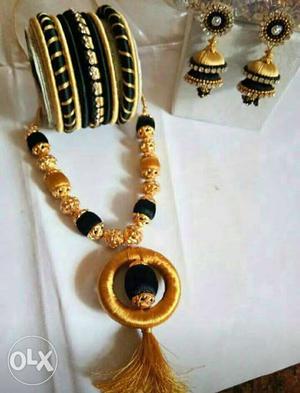 Brown And Black Necklace And Pair Of Jhumka Earrings