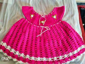Crochet woollen baby pink frock