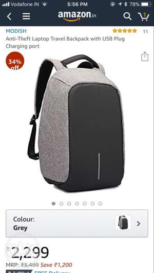 Gray Anti-Theft Laptop Travel Backpack With USB Plug