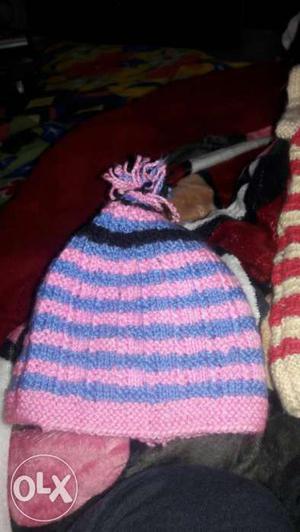 Pink And Blue Stripe Knit Hat