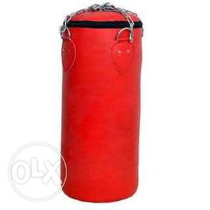 Red punching bag with blue gloves