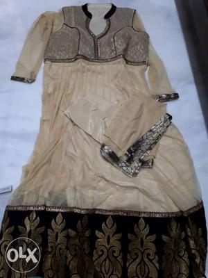 Beige An Brown Long-sleeved Floral Dress