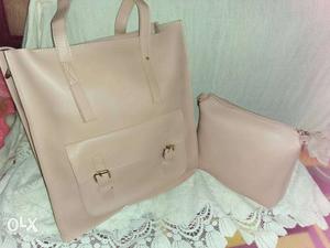 Beige Leather Tote Bag With Wristlet