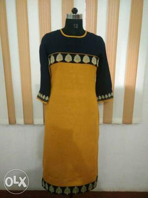 Black And Yellow Long-sleeved Scoop Neck Dress