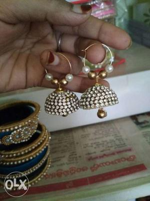 Gold-colored Clear Gemstone Encrusted Jhumka Earrings