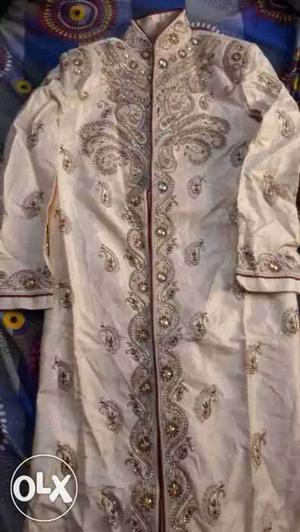 Gray And White Floral Sherwani Traditional Suit