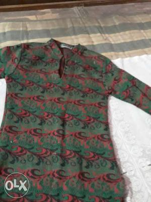 Green, Red, And Black Floral Split-neck Long-sleeve Shirt