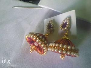 Pair Of Orange-and-purple Silk Thread Earrings