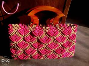 Pink And Beige Crochet Handbag