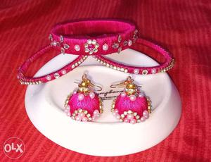 Pink Silk Thread Bangles And Jumpka Earrings