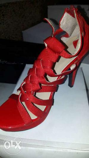 Red Leather Open-toe Strappy Heeled Sandal