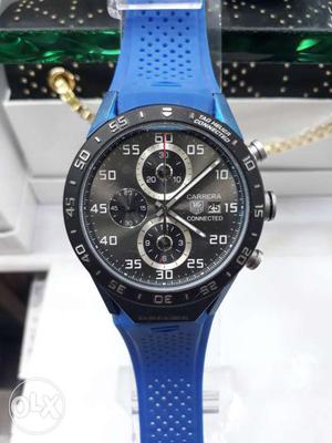 Round Black Chronograph Watch With Blue Leather Strap
