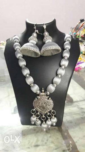 Silver-colored Silk Thread Pendant Necklace With Jhumka