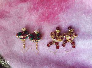 Two Green-and-maroon Jhumka Earrings