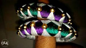 Two Purple-and-green Beaded Silk Bangles