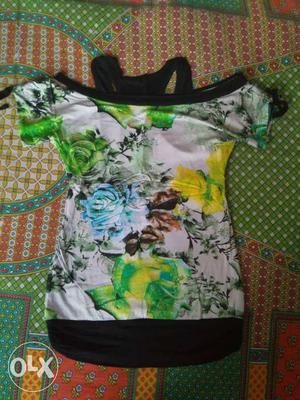 White And Multicolored Floral Cold-shoulder Shirt