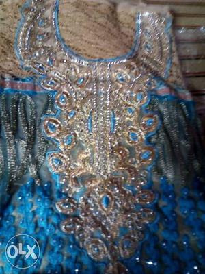 Women's Blue And Brown Sari Dress With Embroidery
