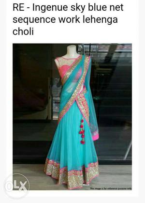 Women's Blue And Pink Sari Traditional Dress