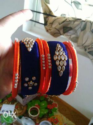 Women's Red And Blue Silk Thread Bangles