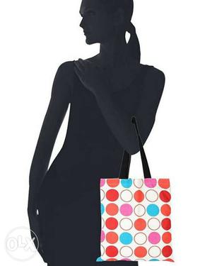 Women's White, Pink, And Orange Polkadot Tote Bag