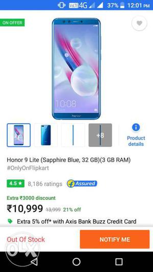 Seal pack Honor 9 lite 3gb+32gb blue color 13+2