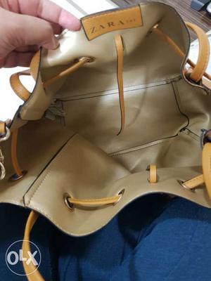 Beige Zara Leather Drawstring Handbag