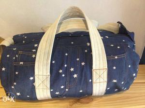 Blue And White Star-printed Denim Duffel Bag
