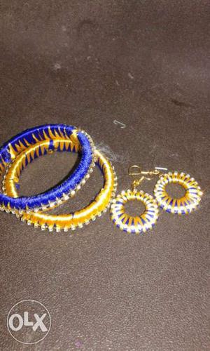 Four Yellow-and-blue Silk Thread Bangles And Earrings