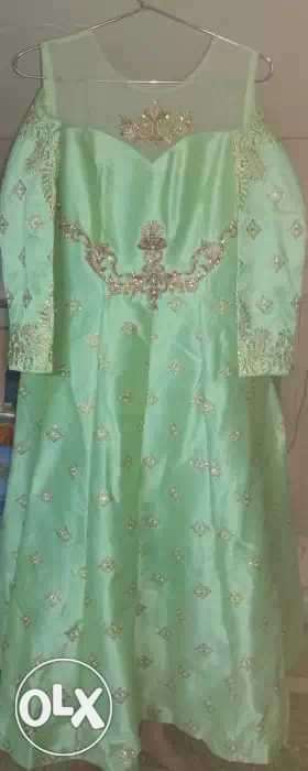 Green And Brown Satin Floral Illusion Neckline Long-sleeved