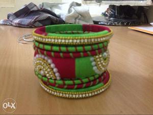 Green-red-and-gold-colored Thread Bangle Lot
